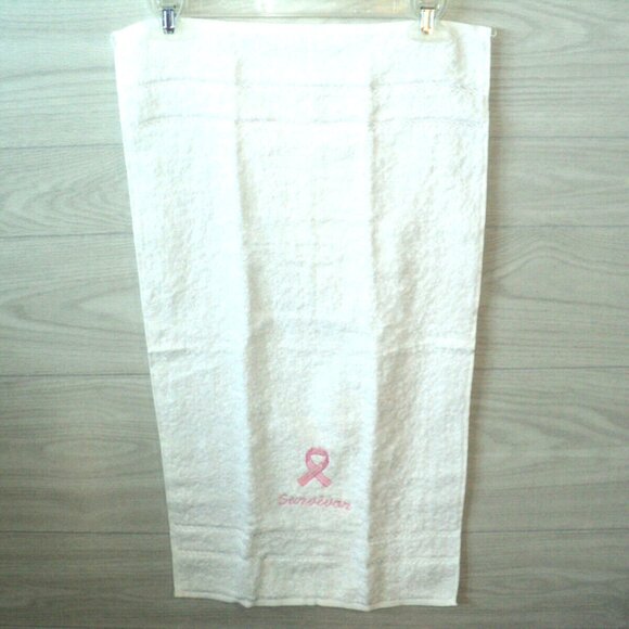 Breast Cancer Survivor Ribbon Embroidered Luxury White Hand Towel Support - Picture 3 of 5